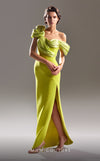 MNM Couture G1518 Modern one-shoulder crepe gown with side slit and ruched features for formal events. | Couture Shop LA