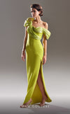 MNM Couture G1518 Modern one-shoulder crepe gown with side slit and ruched features for formal events. | Couture Shop LA