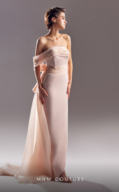 MNM Couture G1520 Fitted one-shoulder crepe gown with statement bow back detail for high-fashion allure. | Couture Shop LA