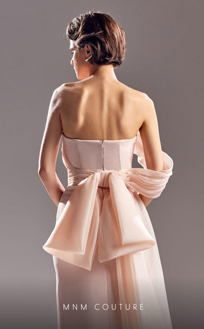 MNM Couture G1520 Fitted one-shoulder crepe gown with statement bow back detail for high-fashion allure. | Couture Shop LA