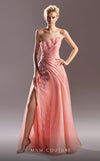 Strapless organza evening gown with soft draping and a sleek, floor-length silhouette.