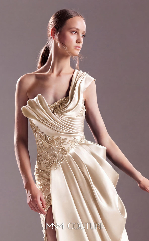MNM Couture G1527 One-shoulder fitted organza evening dress with draped details and a thigh-high slit for unparalleled sophistication. | Couture Shop LA