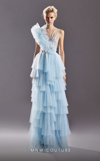 MNM Couture G1528 gown showcasing the beautiful asymmetrical ruffles and illusion straps. | Couture Shop LA