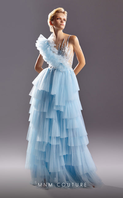 MNM Couture G1528 gown showcasing the beautiful asymmetrical ruffles and illusion straps. | Couture Shop LA