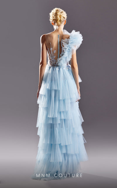 MNM Couture G1528 gown showcasing the beautiful asymmetrical ruffles and illusion straps. | Couture Shop LA