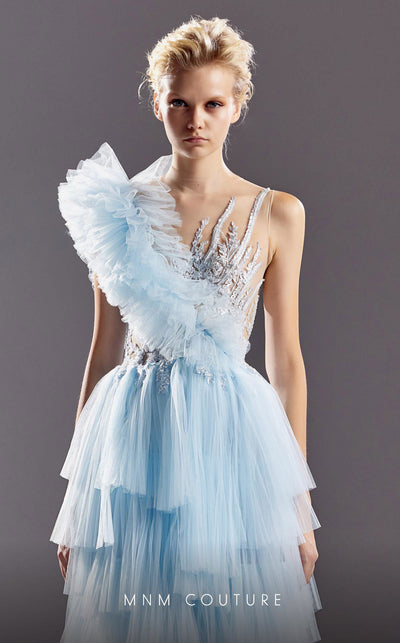MNM Couture G1528 gown showcasing the beautiful asymmetrical ruffles and illusion straps. | Couture Shop LA