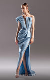 Fitted organza evening gown with ruching, high slit, and one-shoulder neckline, perfect for bold couture looks.