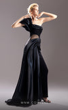 Fitted crepe and organza evening gown with artistic draping, slit, and a one-shoulder neckline for modern sophistication.