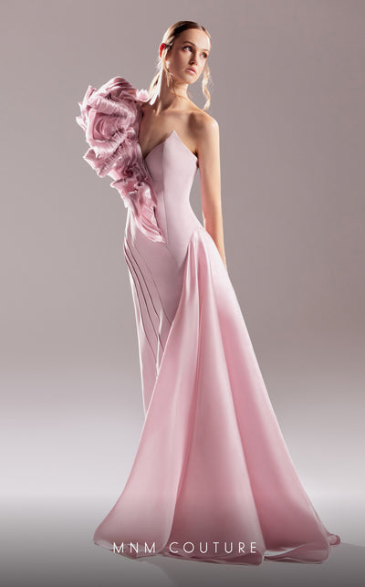 MNM Couture G1532 One-shoulder crepe and organza evening gown with a dramatic side skirt, perfect for refined high-fashion occasions. | Couture Shop LA