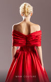 MNM Couture G1533 A-line taffeta evening dress with strapless neckline, ruched bodice, and cascading skirt for timeless elegance. | Couture Shop LA
