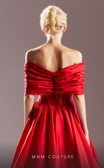 MNM Couture G1533 A-line taffeta evening dress with strapless neckline, ruched bodice, and cascading skirt for timeless elegance. | Couture Shop LA