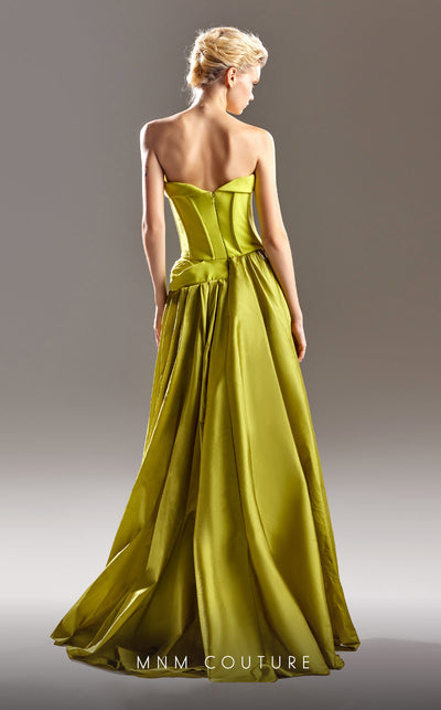 MNM Couture G1534 Column fitted crepe gown with sweetheart neckline, high slit, and detachable overskirt for refined evening glamour. | Couture Shop LA