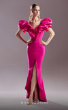 Crepe evening gown with plunging neckline, thigh slit, and soft cascading ruffle sleeves for ethereal charm.