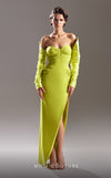 Crepe column evening gown with sweetheart neckline and elegant long sleeves, ideal for mother-of-the-bride looks.