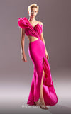 One-shoulder fitted evening gown with contrasting crepe and organza fabrics and a dramatic high slit.