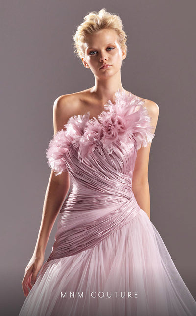MNM Couture G1540 Strapless tulle and organza evening A-line dress with a pleated full skirt and graceful elegance. | Couture Shop LA