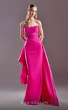 Fitted evening gown with overskirt, combining crepe and organza fabrics for a dynamic couture look.