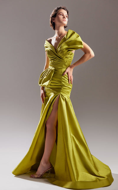 MNM Couture G1542 One-shoulder taffeta mermaid gown with pleating and a dramatic train, designed for stunning evening elegance. | Couture Shop LA