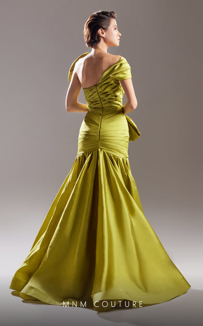 MNM Couture G1542 One-shoulder taffeta mermaid gown with pleating and a dramatic train, designed for stunning evening elegance. | Couture Shop LA