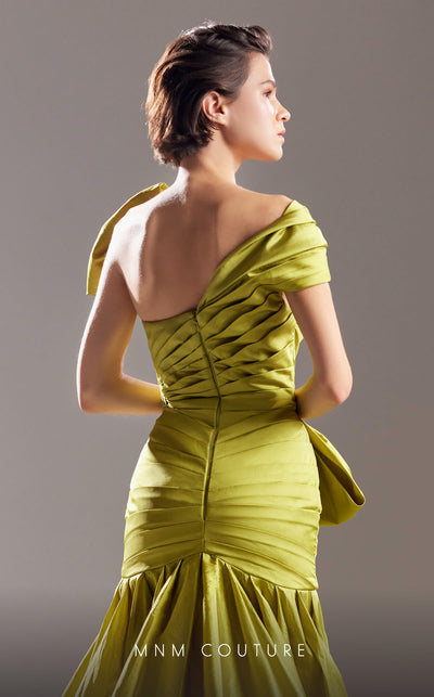 MNM Couture G1542 One-shoulder taffeta mermaid gown with pleating and a dramatic train, designed for stunning evening elegance. | Couture Shop LA