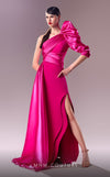 MNM Couture G1601 : One-Shoulder Fuchsia Dress with Organza and Crepe Textures