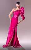 MNM Couture G1601 : One-Shoulder Fuchsia Dress with Organza and Crepe Textures