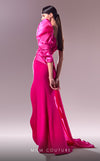 MNM Couture G1601 : One-Shoulder Fuchsia Dress with Organza and Crepe Textures