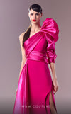 MNM Couture G1601 : One-Shoulder Fuchsia Dress with Organza and Crepe Textures