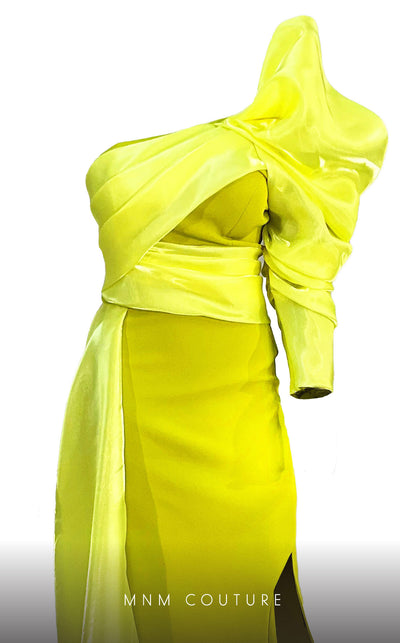 G1601 dress featuring the stunning one-shoulder design and luxurious organza and crepe textures. | Couture Shop LA