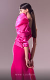 MNM Couture G1601 : One-Shoulder Fuchsia Dress with Organza and Crepe Textures