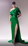 MNM Couture G1603 - Emerald green off-shoulder draped evening gown, featuring a crepe base, organza accents, and structured Piqué Mikado details. | Couture Shop LA
