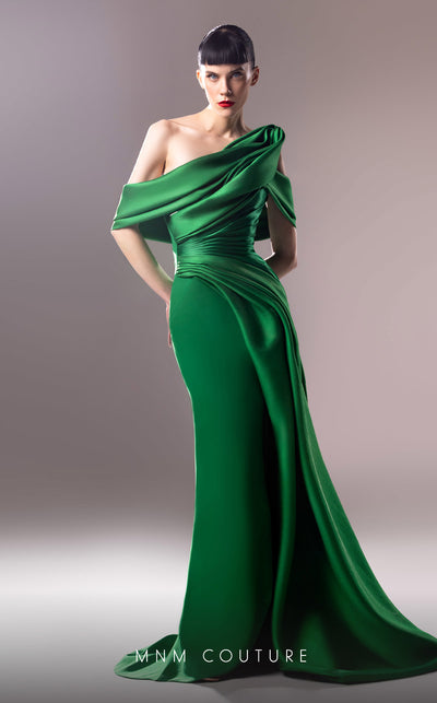 MNM Couture G1603 - Emerald green off-shoulder draped evening gown, featuring a crepe base, organza accents, and structured Piqué Mikado details. | Couture Shop LA