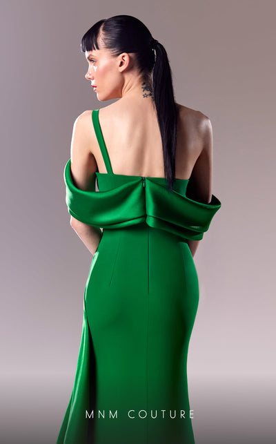 MNM Couture G1603 - Emerald green off-shoulder draped evening gown, featuring a crepe base, organza accents, and structured Piqué Mikado details. | Couture Shop LA