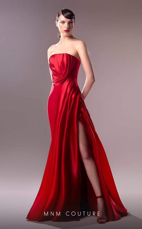 MNM Couture G1610 dress highlighting the exquisite strapless design and intricate organza details. | Couture Shop LA