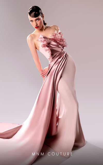 MNM Couture G1611 gown showcasing the elegant mermaid silhouette and flowing drape. | Couture Shop LA