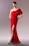 MNM Couture G1612 dress showcasing the unique one-shoulder design and avant-garde organdie details. | Couture Shop LA