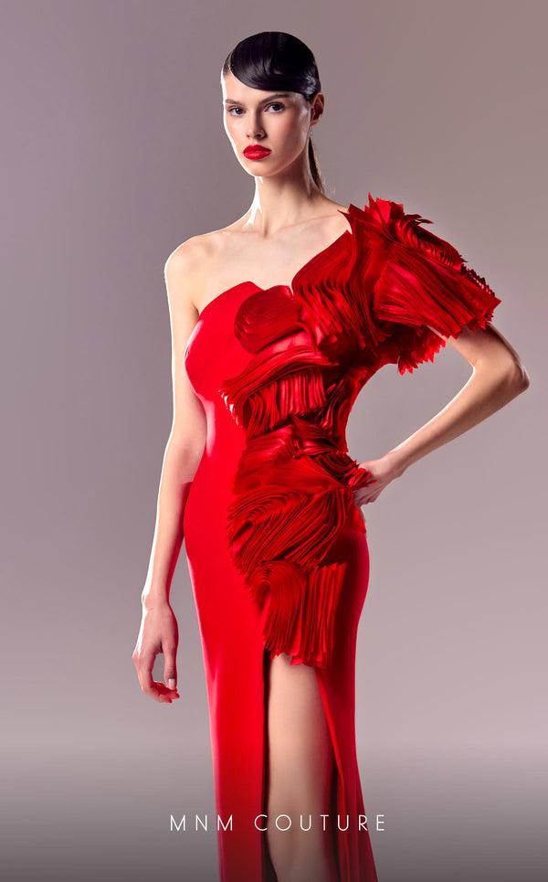 Shop Now: MNM Couture G1612 - One-Shoulder Red Dress with Avant-Garde Organdie Accents CoutureShopLA Shop Now: MNM Couture G1612 - One-Shoulder Red Dress with Avant-Garde Organdie Accents CoutureShopLA