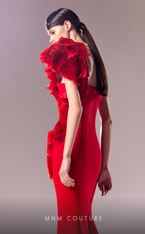 Shop Now: MNM Couture G1612 - One-Shoulder Red Dress with Avant-Garde Organdie Accents CoutureShopLA Shop Now: MNM Couture G1612 - One-Shoulder Red Dress with Avant-Garde Organdie Accents CoutureShopLA