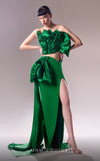 MNM Couture G1614 dress featuring the unique cutout design and luxurious green fabric. | Couture Shop LA