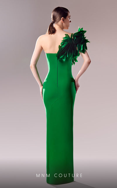MNM Couture G1616 dress highlighting the unique one-shoulder design and exquisite organza details. | Couture Shop LA