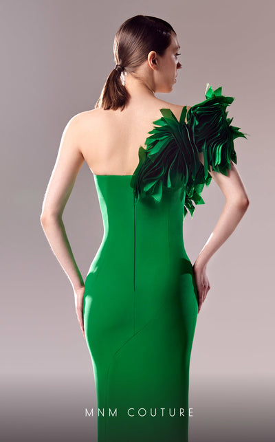 MNM Couture G1616 dress highlighting the unique one-shoulder design and exquisite organza details. | Couture Shop LA