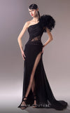 MNM Couture G1618 gown showcasing the chic one-shoulder design and cascading drapes. | Couture Shop LA