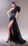 MNM Couture G1618 gown showcasing the chic one-shoulder design and cascading drapes. | Couture Shop LA