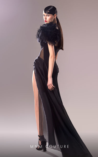 MNM Couture G1618 gown showcasing the chic one-shoulder design and cascading drapes. | Couture Shop LA