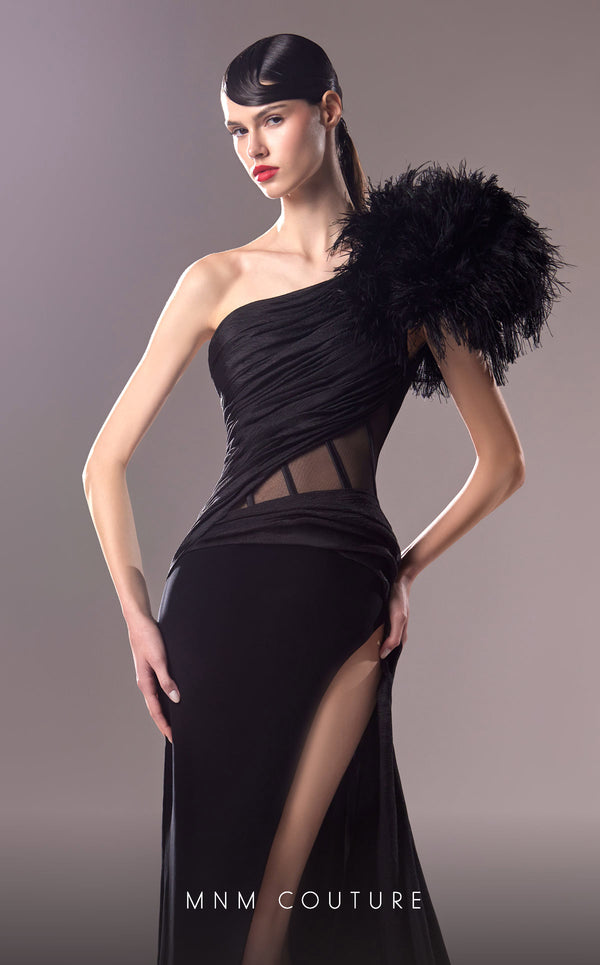 MNM Couture G1618 gown showcasing the chic one-shoulder design and cascading drapes. | Couture Shop LA