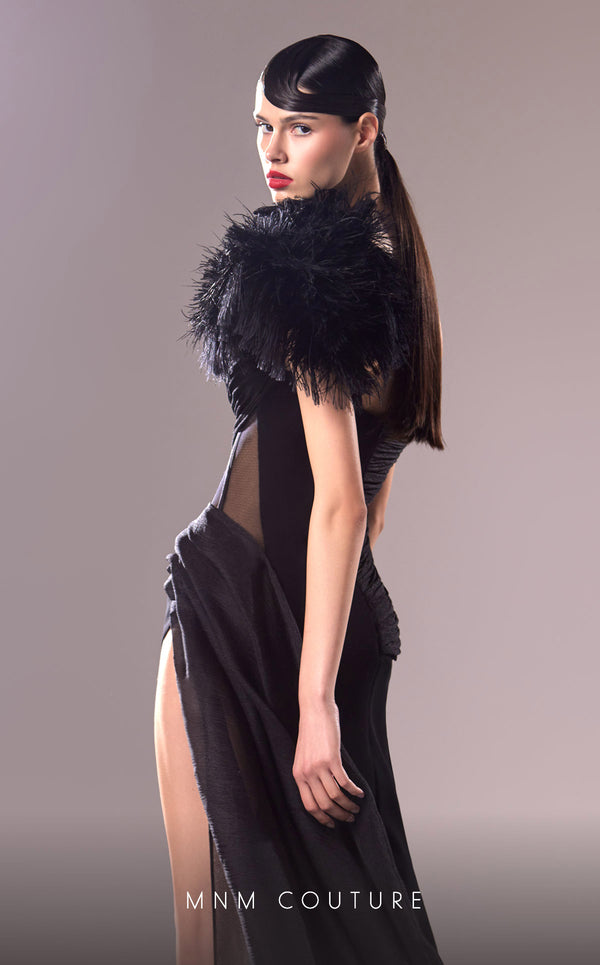 MNM Couture G1618 gown showcasing the chic one-shoulder design and cascading drapes. | Couture Shop LA