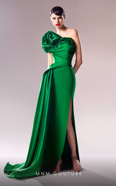 MNM Couture G1621 gown highlighting the elegant silhouette and exquisite draping. | Couture Shop LA