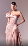 MNM Couture G1631 dress showcasing the sophisticated one-shoulder design with draped organdie and lace accents. | Couture Shop LA
