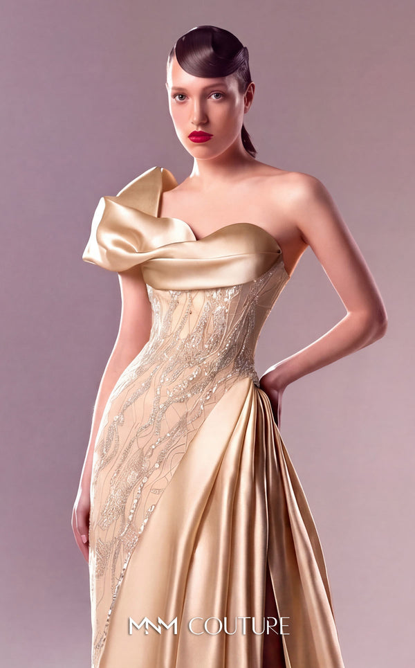 MNM Couture G1631 dress showcasing the sophisticated one-shoulder design with draped organdie and lace accents. | Couture Shop LA