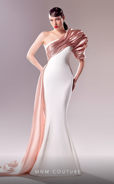 MNM Couture G1633 dress featuring the elegant mermaid silhouette with delicate salmon details. | Couture Shop LA